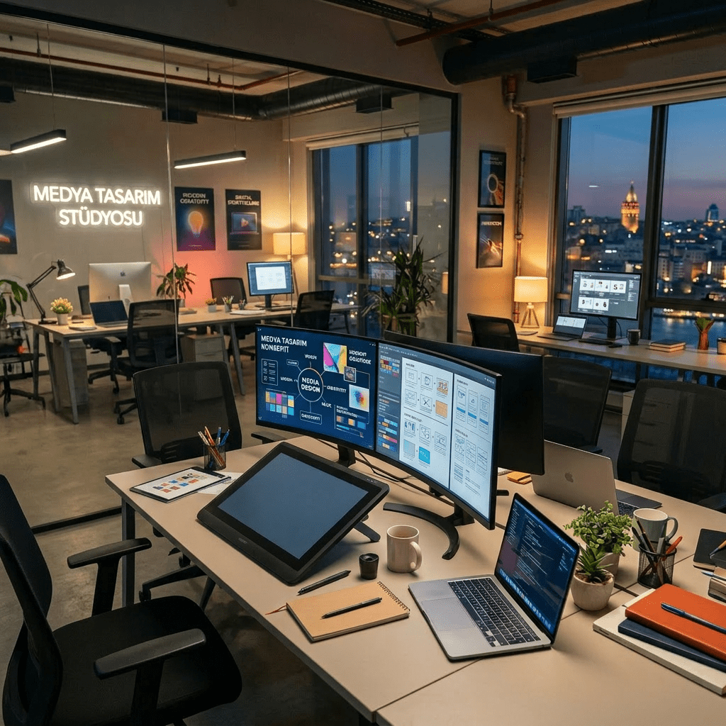 Team working on digital media design with multiple screens and tablets in a studio